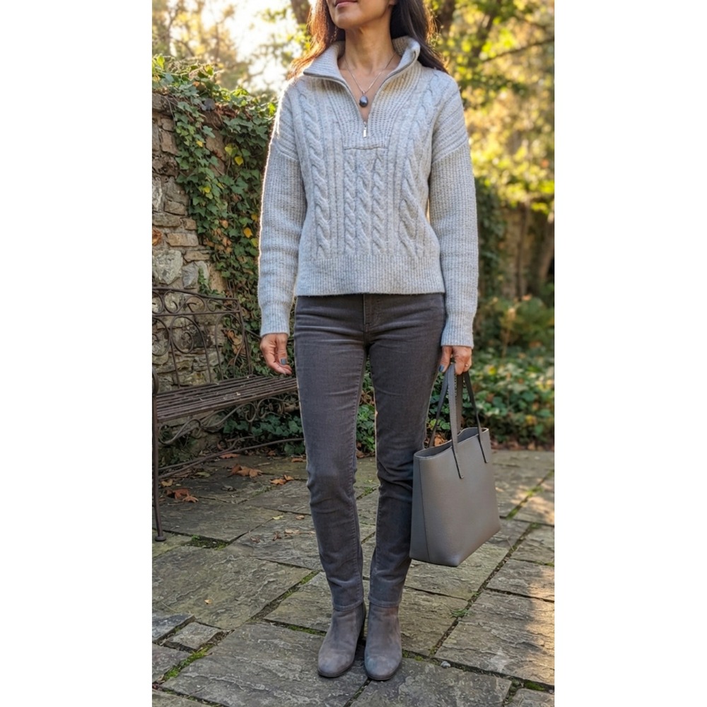 Calligraphie Grey Cable Knit Quarter Zip Pullover Sweater Small